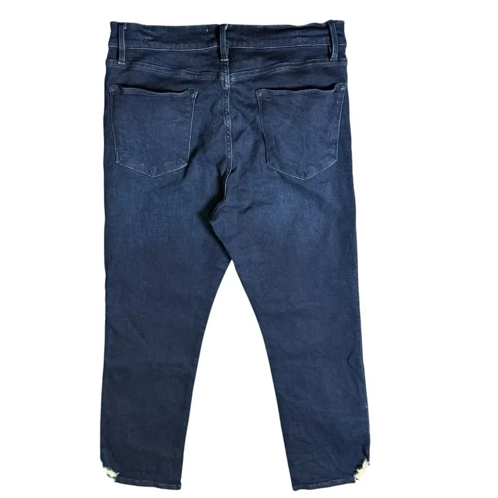 Frame Le High Straight Jeans Womens Porter Chew Dark Blue Distressed Hem 31